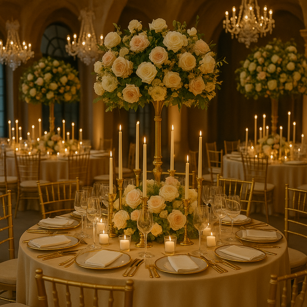 decoración mesa formal con centro de mesa alto