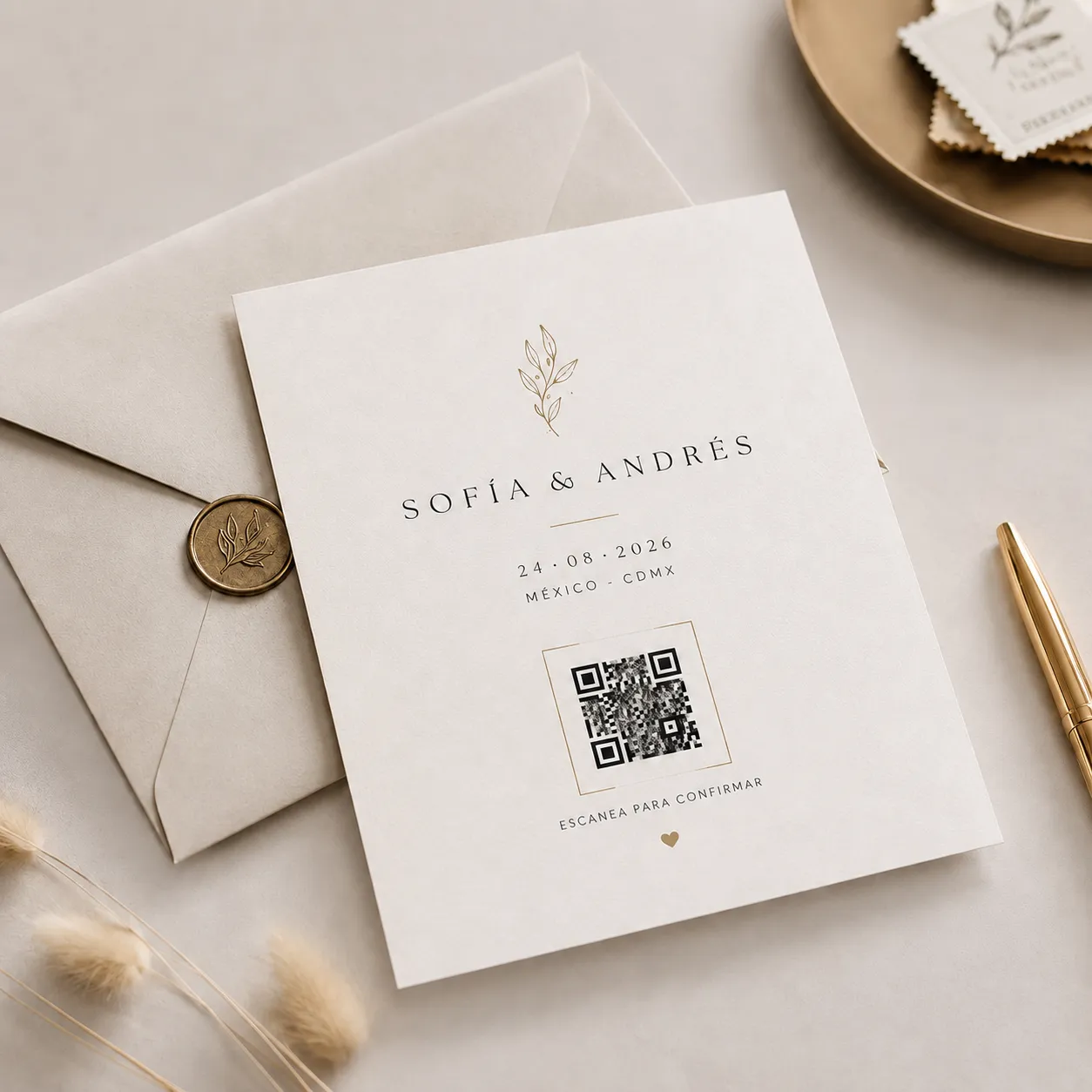 Invitación de boda premium con código QR, sello de lacre dorado y sobre — Event Planner México CDMX