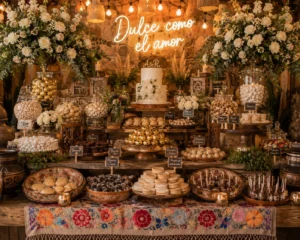 Mesa de dulces para bodas en CDMX elegante y rústica