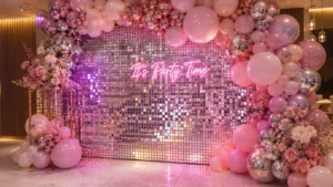 Shimmer backdrop con globos personalizados para eventos en CDMX