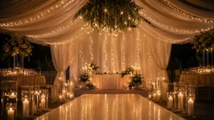 Tendencia 2026 drapery con fairy lights y velas para eventos