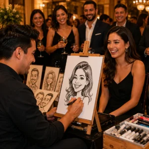 Caricaturistas en vivo para eventos en CDMX — artista dibujando a una invitada