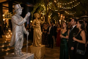 Mimos y estatuas vivientes para eventos en CDMX — estatuas vivientes dorada y plateada