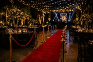 Renta de alfombra roja para eventos en CDMX — alfombra roja con postes dorados