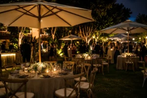 Renta de sombrillas para eventos en CDMX — parasoles blancos en montaje de jardín