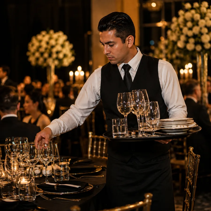 Ayudante de servicio retirando copas y loza de una mesa de banquete en un evento en CDMX