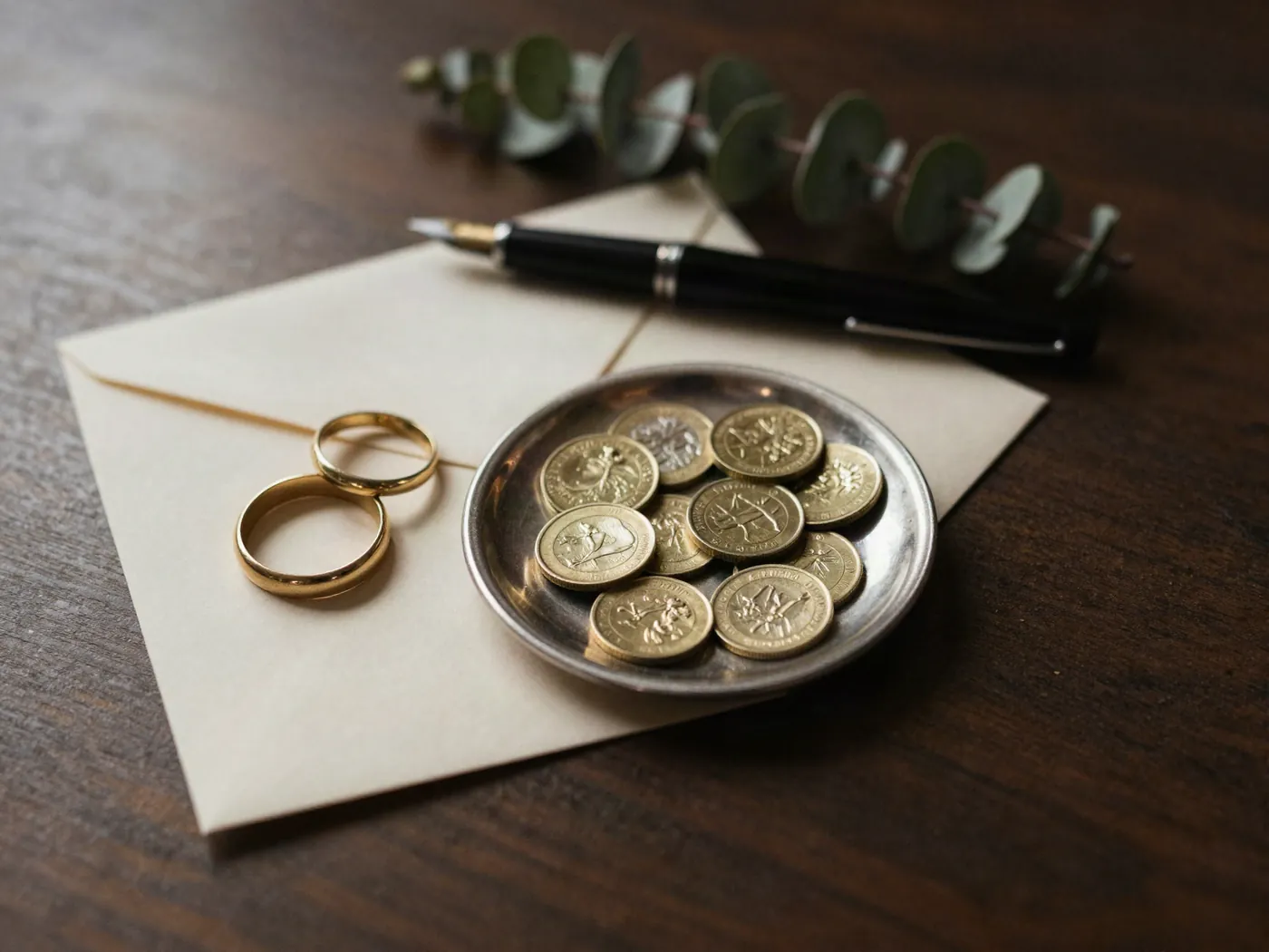 Anillos de matrimonio y arras listos para la ceremonia civil