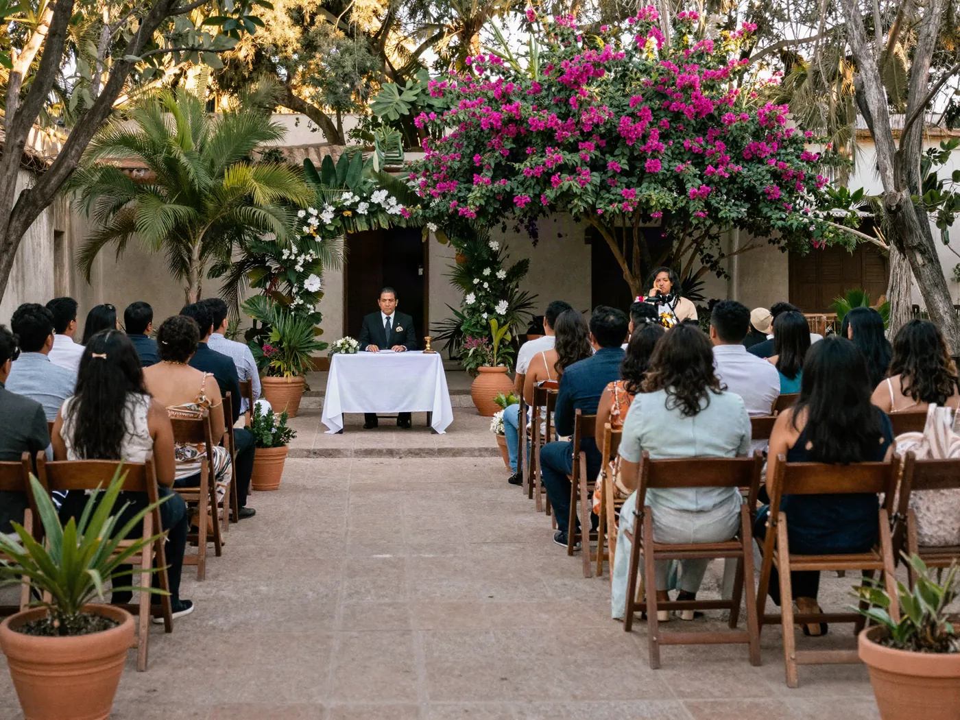 Ceremonia de boda civil al aire libre en un jardín de CDMX con invitados