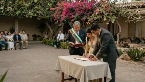 Novios firmando el acta ante el juez del Registro Civil en un jardín de CDMX