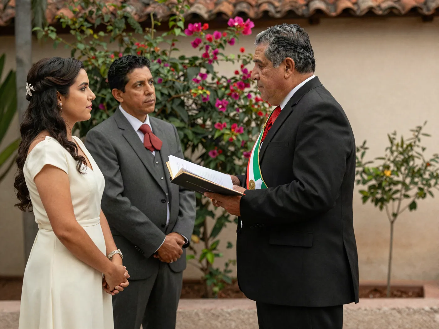 Novios de pie ante el juez del Registro Civil durante la ceremonia