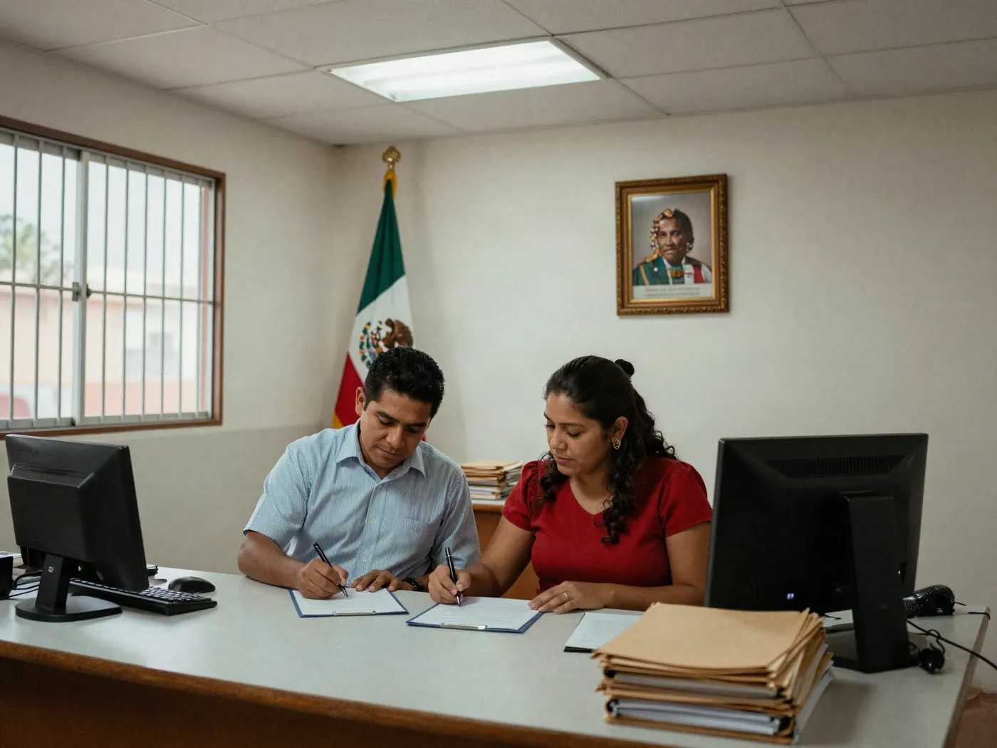 Pareja firmando su matrimonio civil en oficina del Registro Civil de CDMX