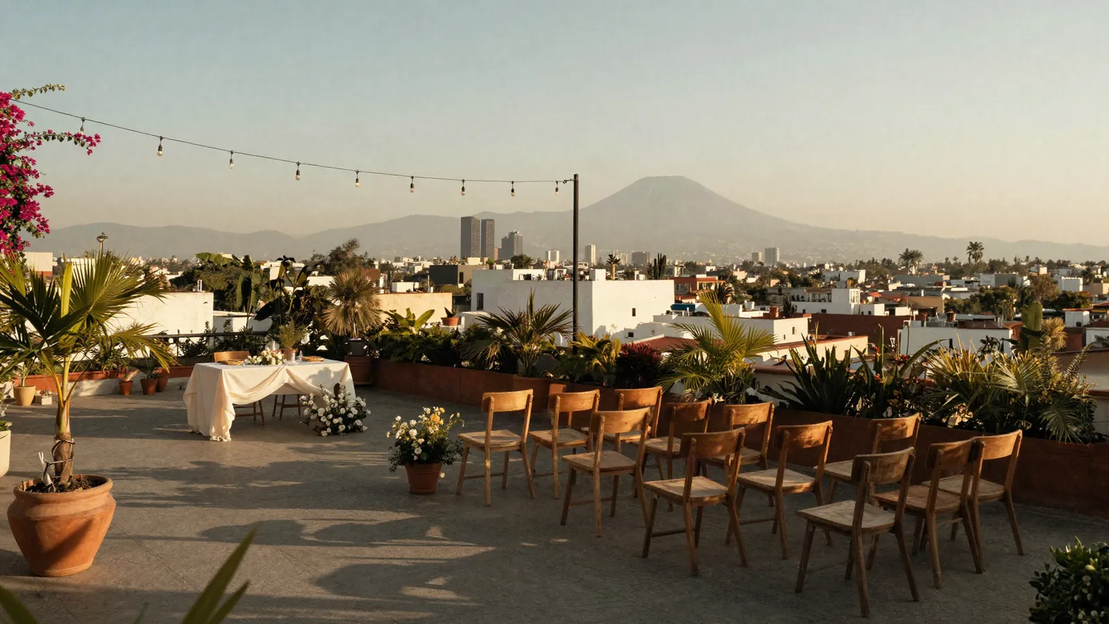 Terraza en CDMX montada para una ceremonia de boda civil al atardecer