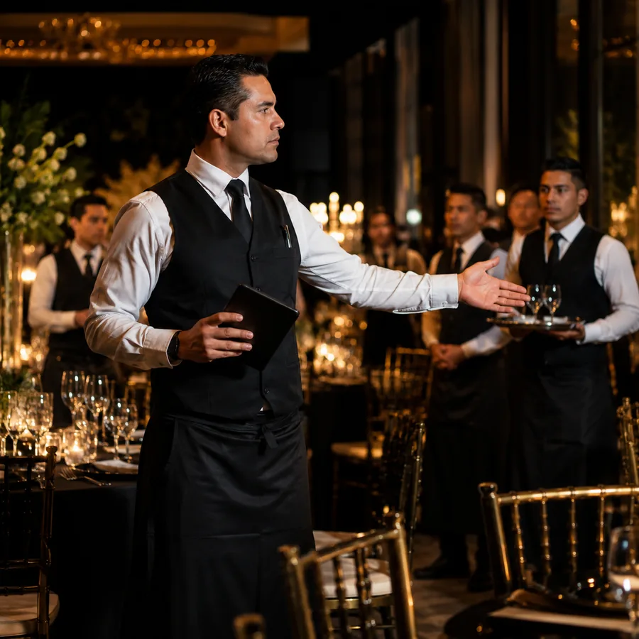 Capitán de meseros coordinando al equipo de servicio durante un banquete formal en CDMX