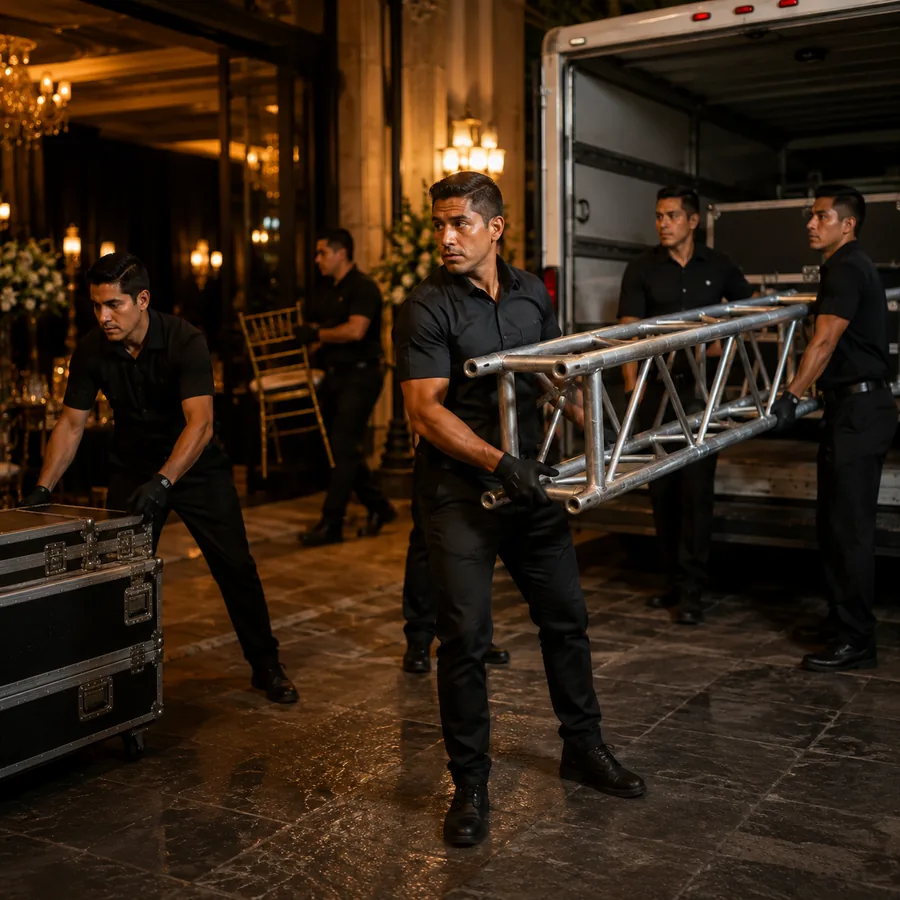 Cargadores descargando estructura de truss para el montaje de un evento en CDMX