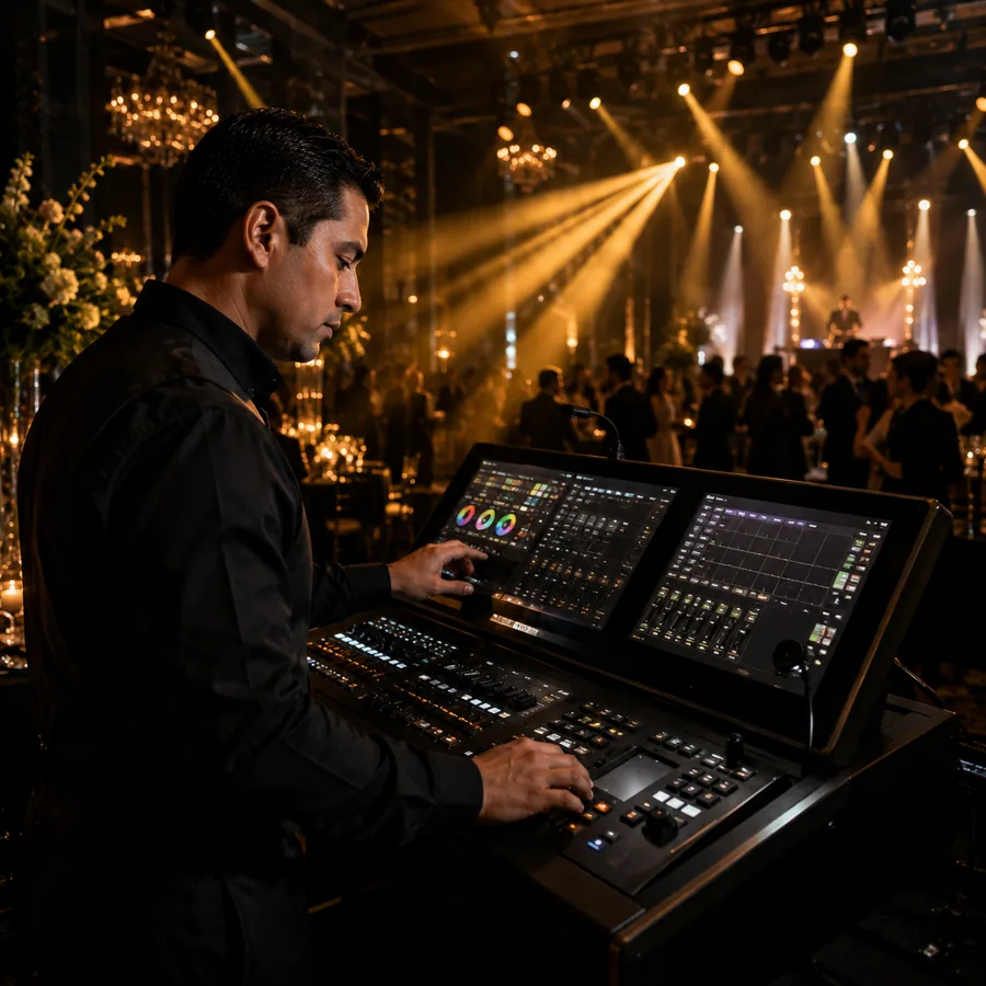 Light jockey operando la consola de iluminación durante un show en un evento en CDMX