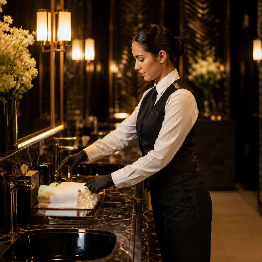 Personal de baños reponiendo toallas e insumos en el tocador de un salón de eventos en CDMX