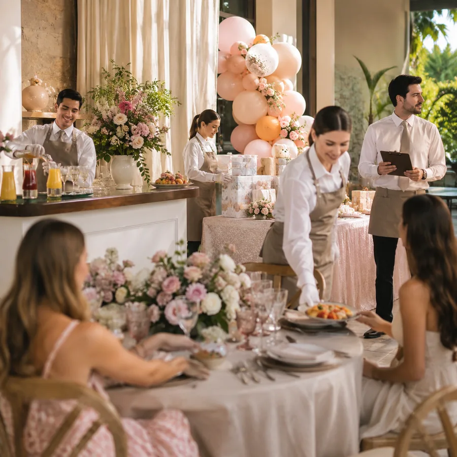 Staff de servicio atendiendo el brunch de un baby shower decorado con globos en CDMX