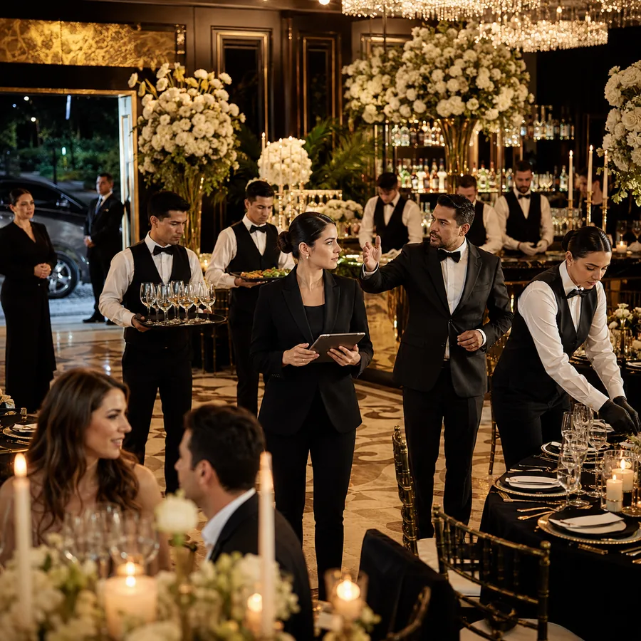 Equipo de meseros y capitán sirviendo el banquete de una boda en CDMX