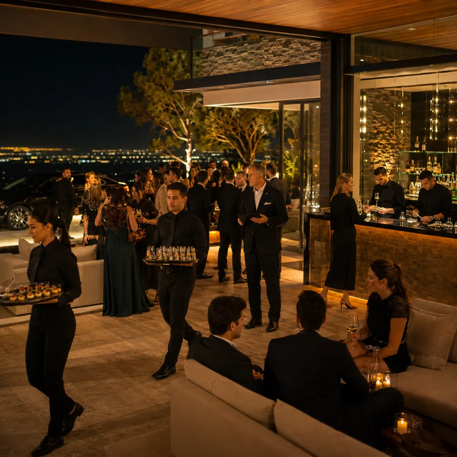 Mesera con charola de bebidas atendiendo una fiesta privada en terraza en CDMX