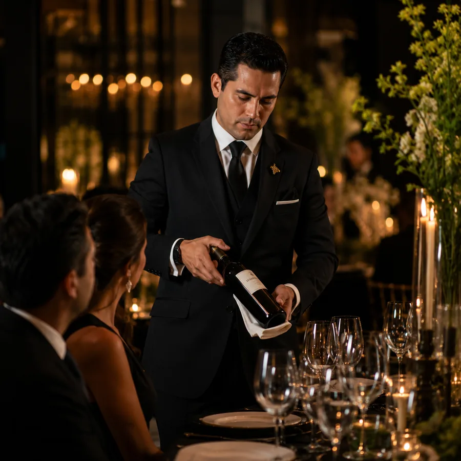 Sommelier sirviendo vino tinto en el servicio de cena formal de un evento en CDMX