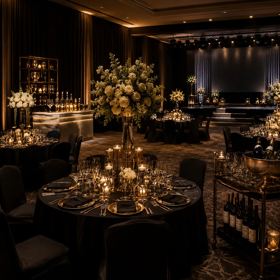 Mesa redonda montada con cristalería y bar para una cena empresarial formal en CDMX