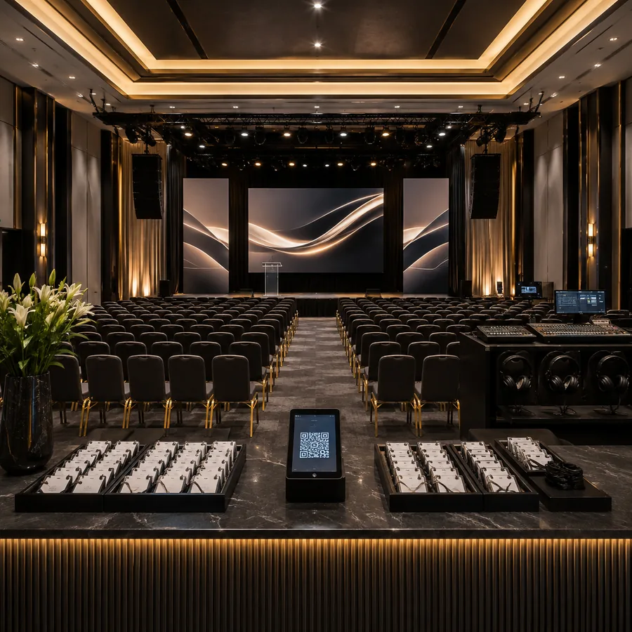 Auditorio montado para una conferencia corporativa con pantalla y sillas en CDMX