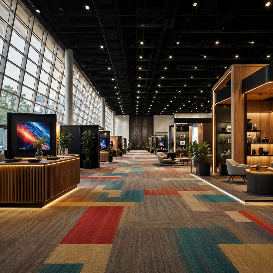 Piso de exposición con stands corporativos montados para una expo en CDMX