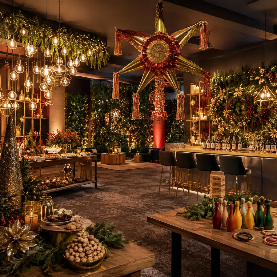 Montaje decorado con piñata y estrella navideña para una posada empresarial en CDMX