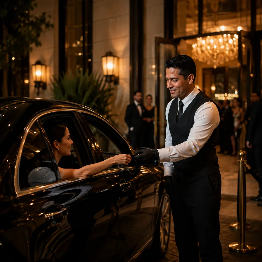 Valet parking recibiendo un automóvil en la entrada de un evento privado en CDMX