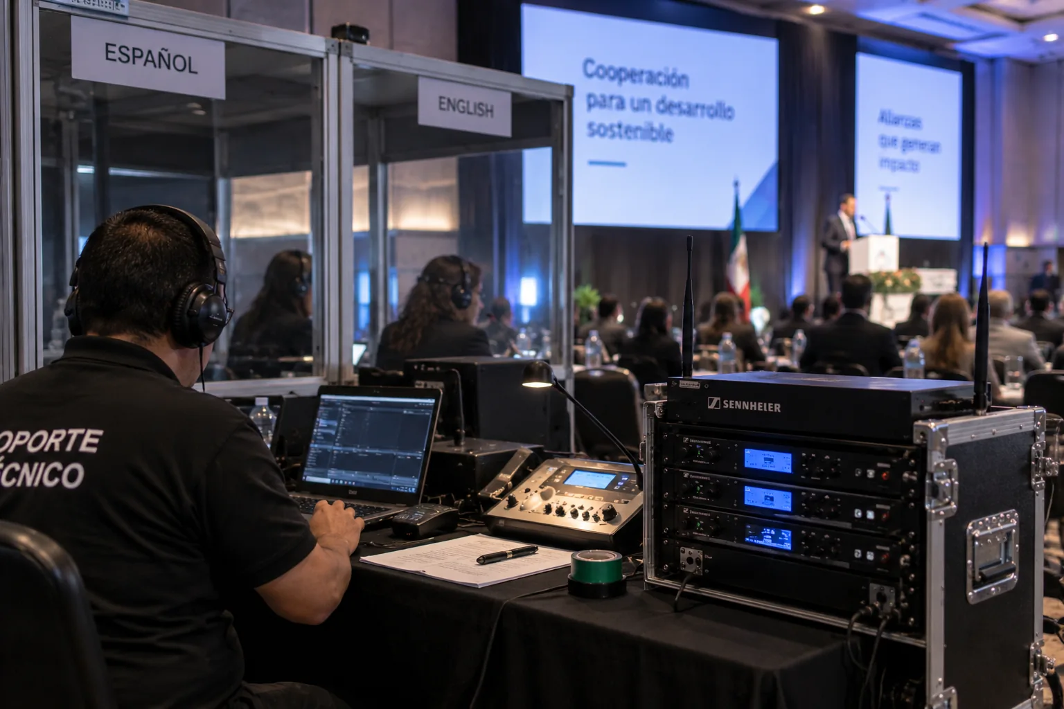 Técnico de asistencia permanente operando el equipo de interpretación simultánea en un evento