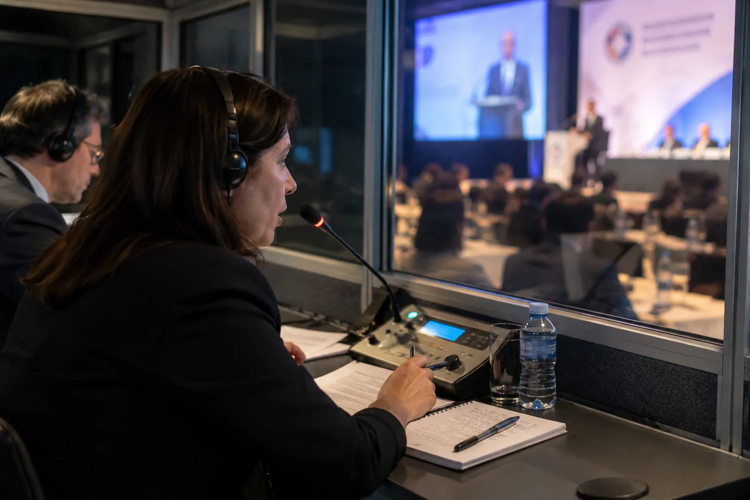 Intérprete en cabina de interpretación simultánea durante un congreso en la CDMX, junto a subtítulos generados con IA