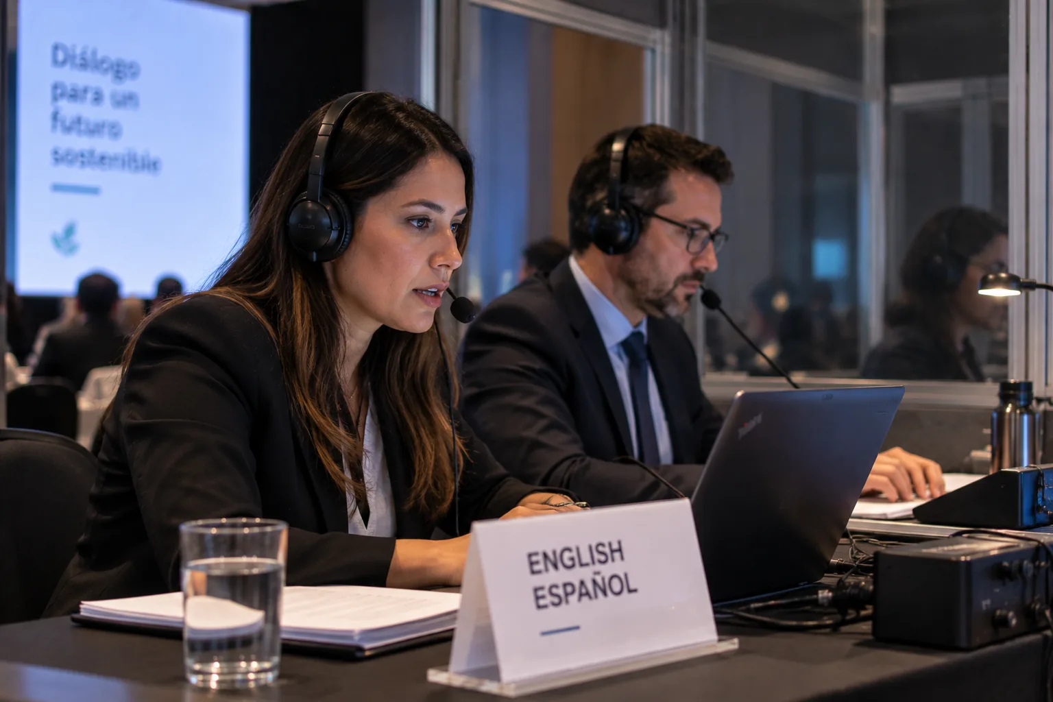 Dos intérpretes simultáneos trabajando en relevo dentro de la misma cabina
