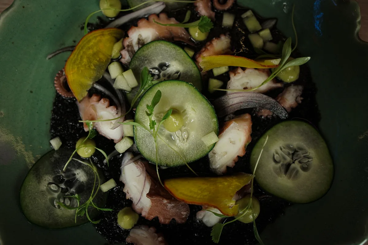Fotografía gastronómica de restaurante: aguachile verde con pepino, toma 74