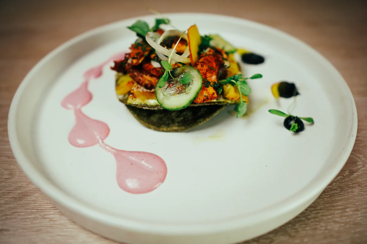 Fotografía gastronómica de restaurante: emplatado de autor en plato blanco, toma 95