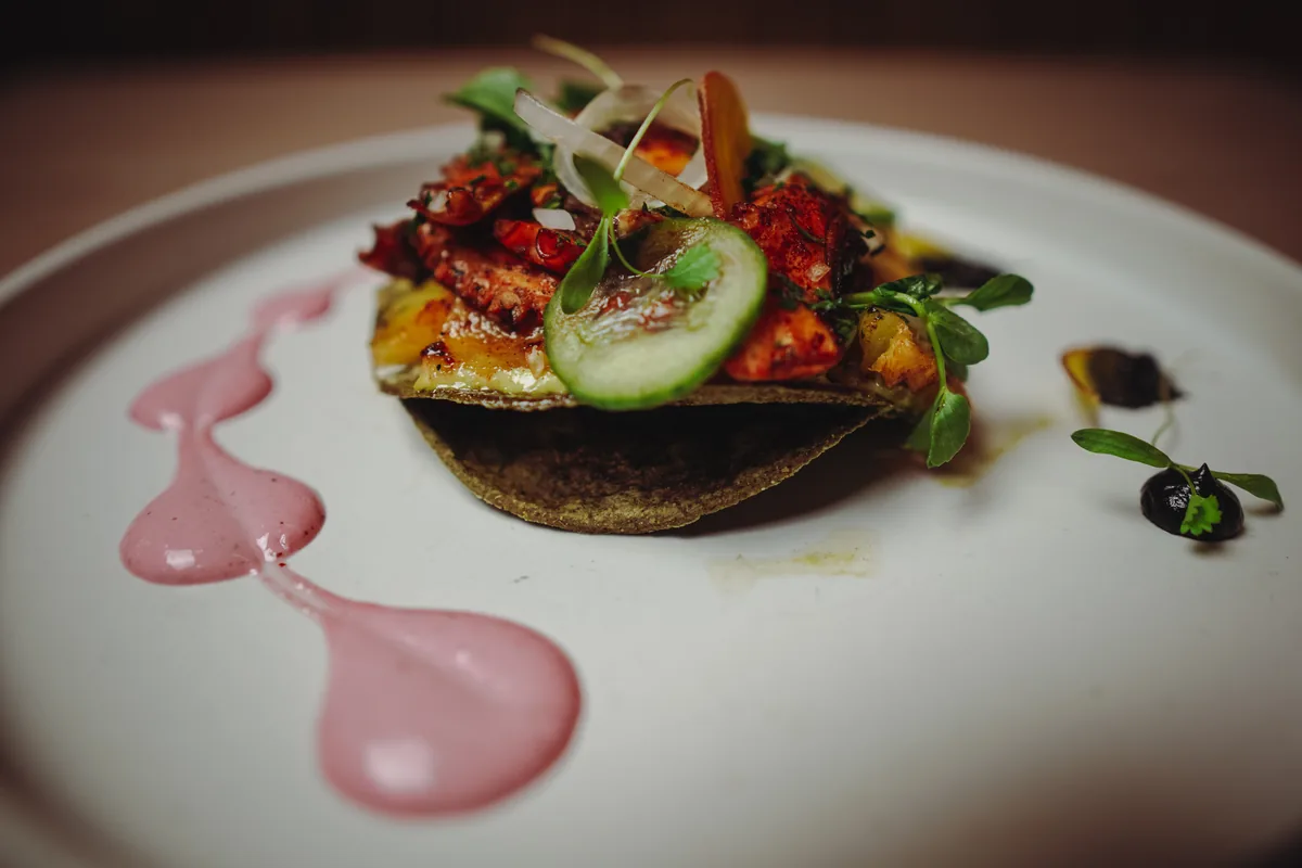 Fotografía gastronómica de restaurante: emplatado de autor en plato blanco, toma 97