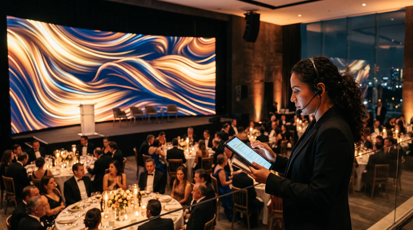 IA para eventos: coordinadora con tablet revisa el minuto a minuto en una gala corporativa con pantalla LED de arte generativo en la CDMX