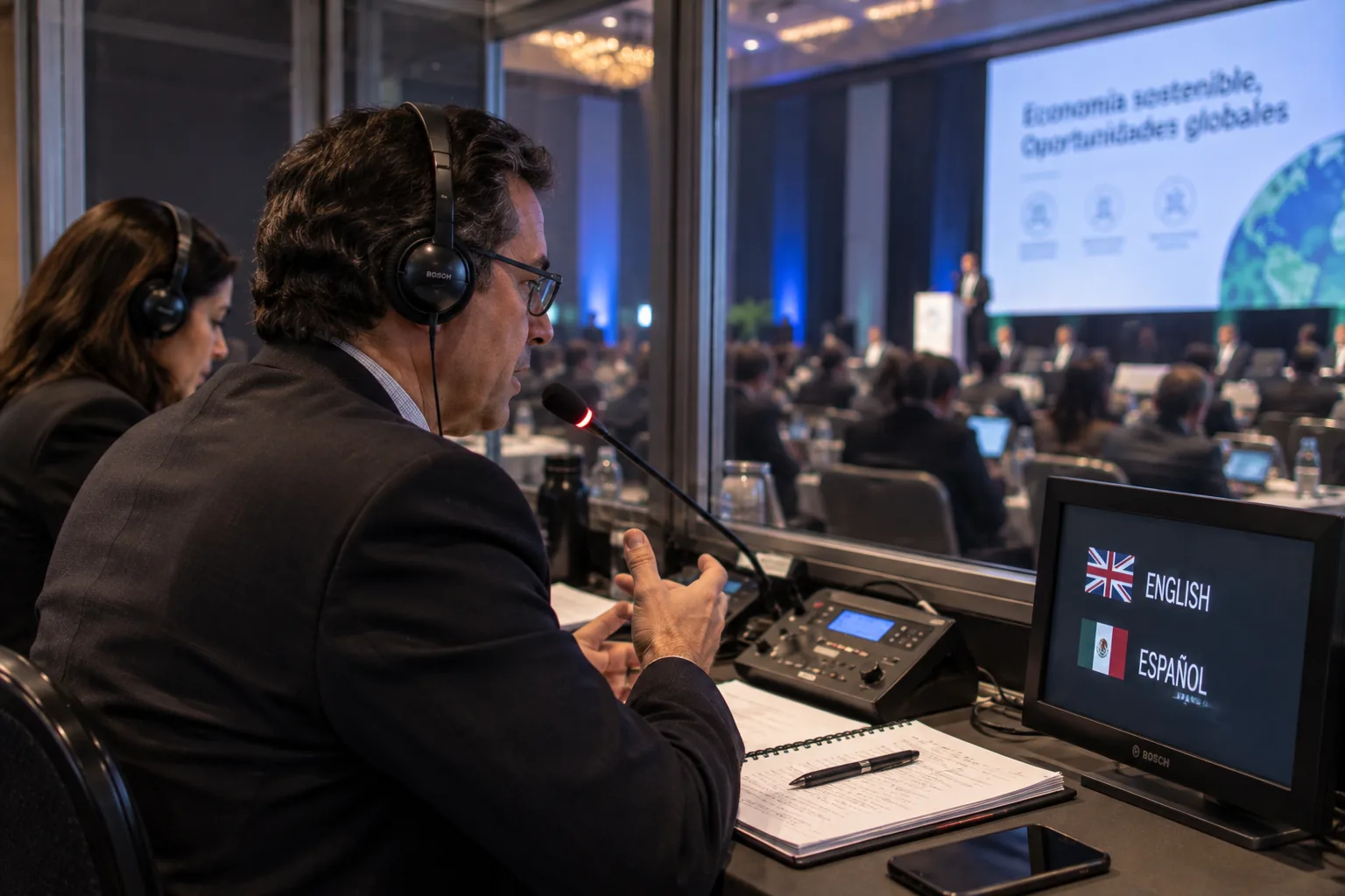 Intérprete simultáneo inglés-español en cabina durante un congreso en CDMX