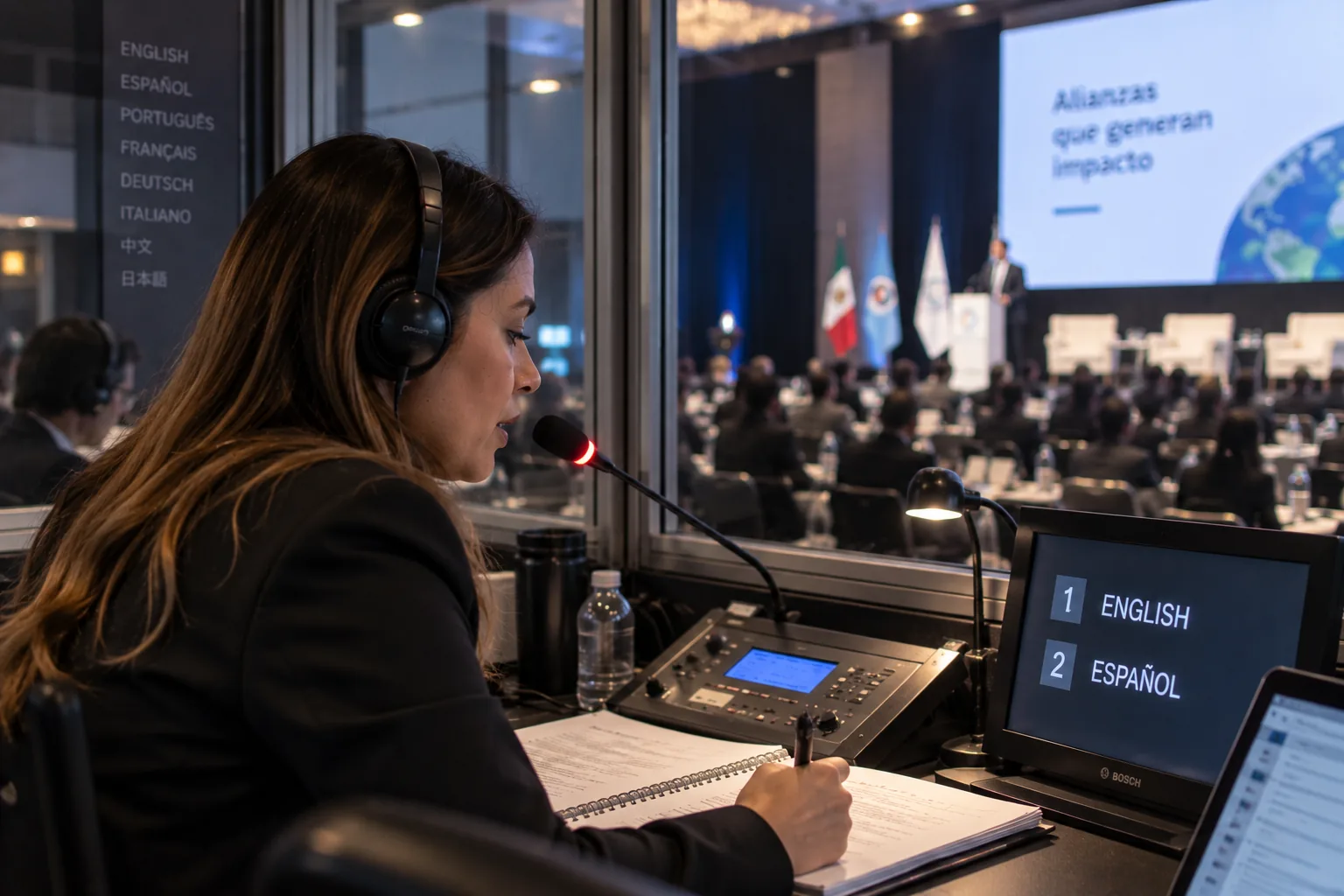 Intérprete de conferencia con canales en varios idiomas en un evento corporativo en CDMX