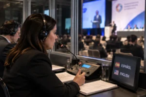 Traductores para eventos en CDMX trabajando en la interpretación simultánea de una conferencia