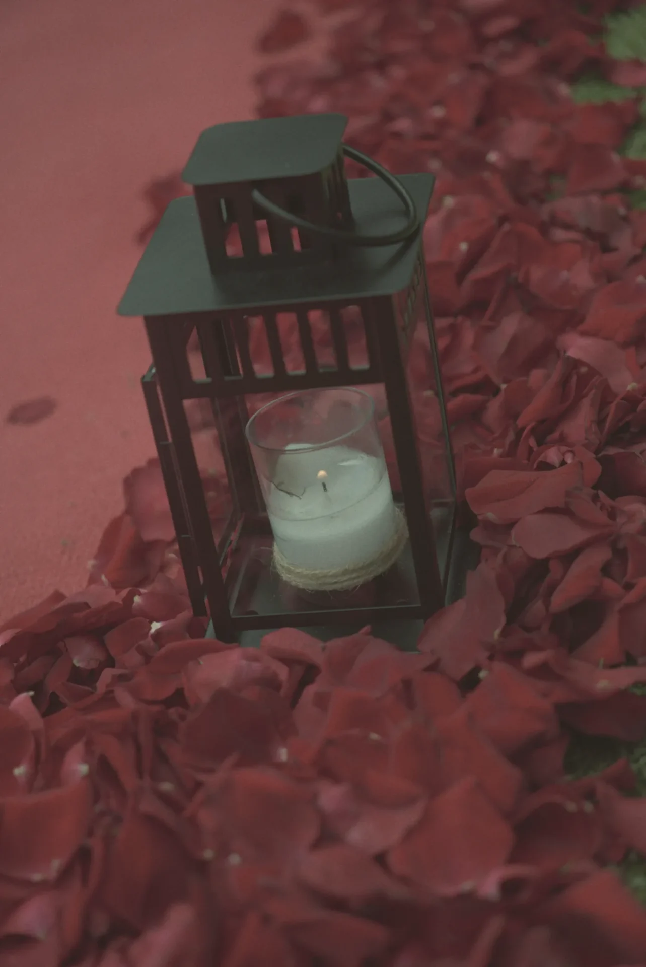 Farol con vela encendida sobre pétalos de rosa en una pedida de mano
