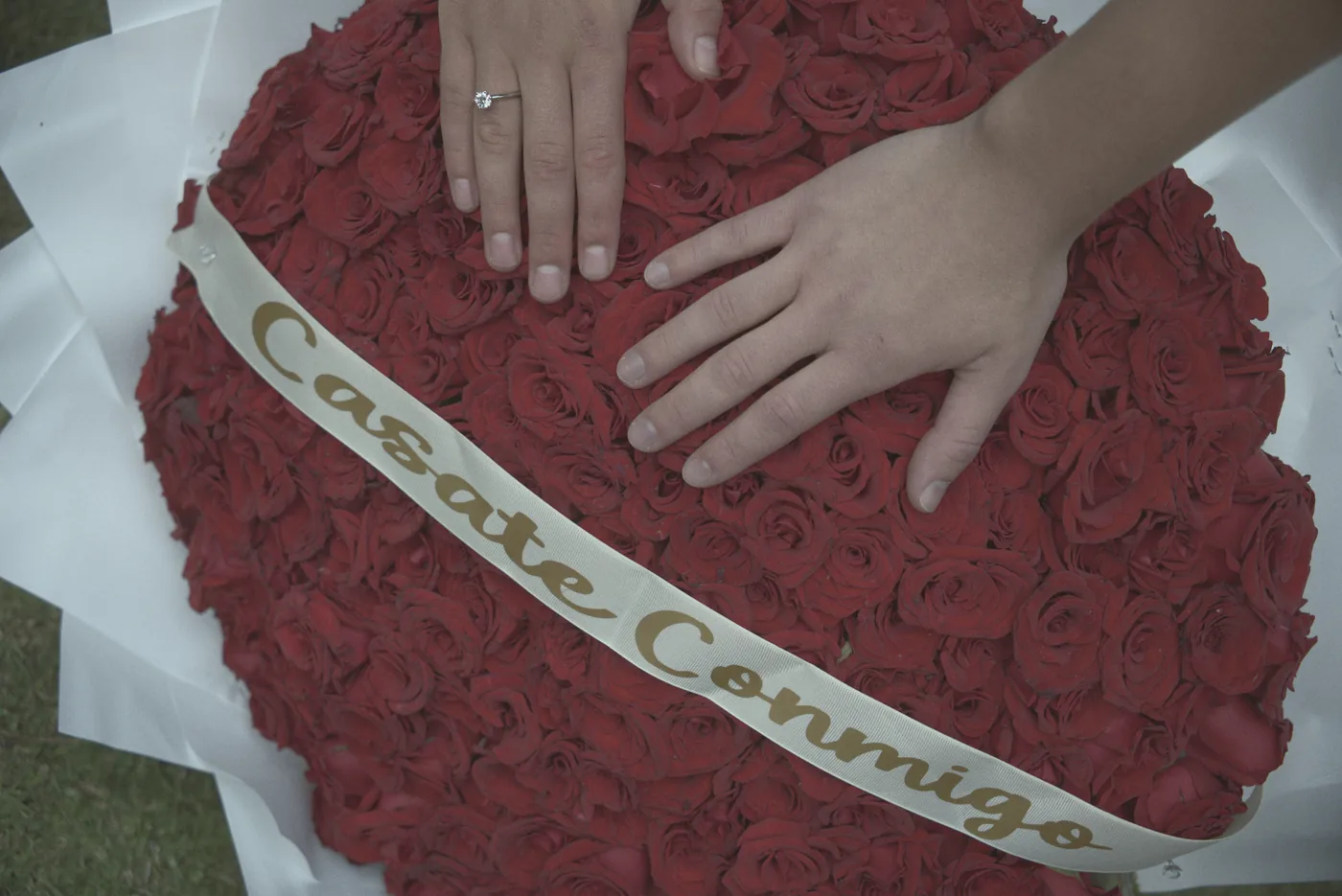 Manos con anillo de compromiso sobre caja de rosas con la frase Cásate conmigo