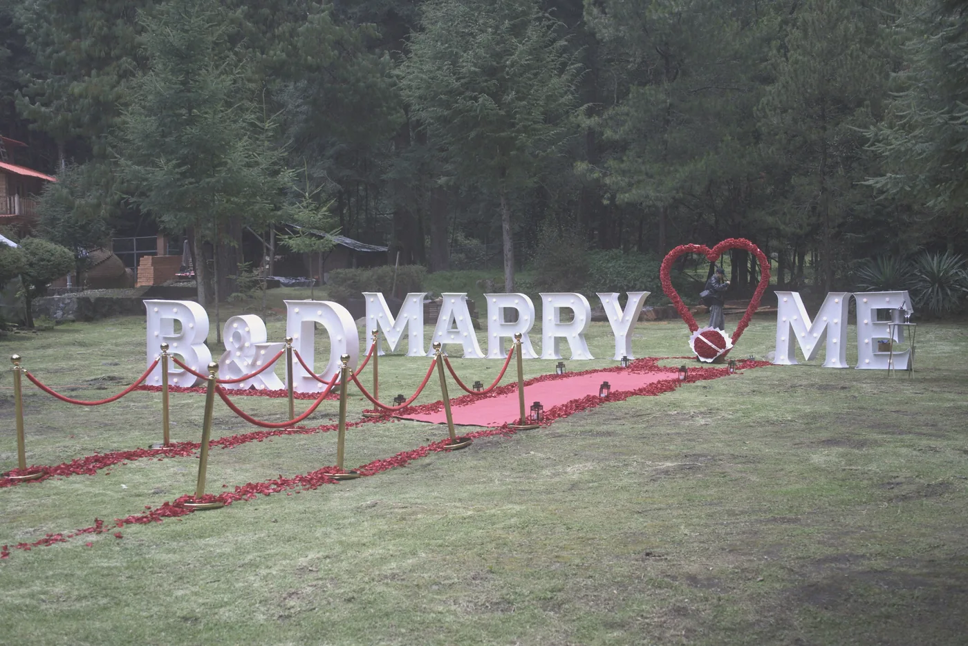 Montaje completo de pedida de mano con letras iluminadas, alfombra roja y vallas