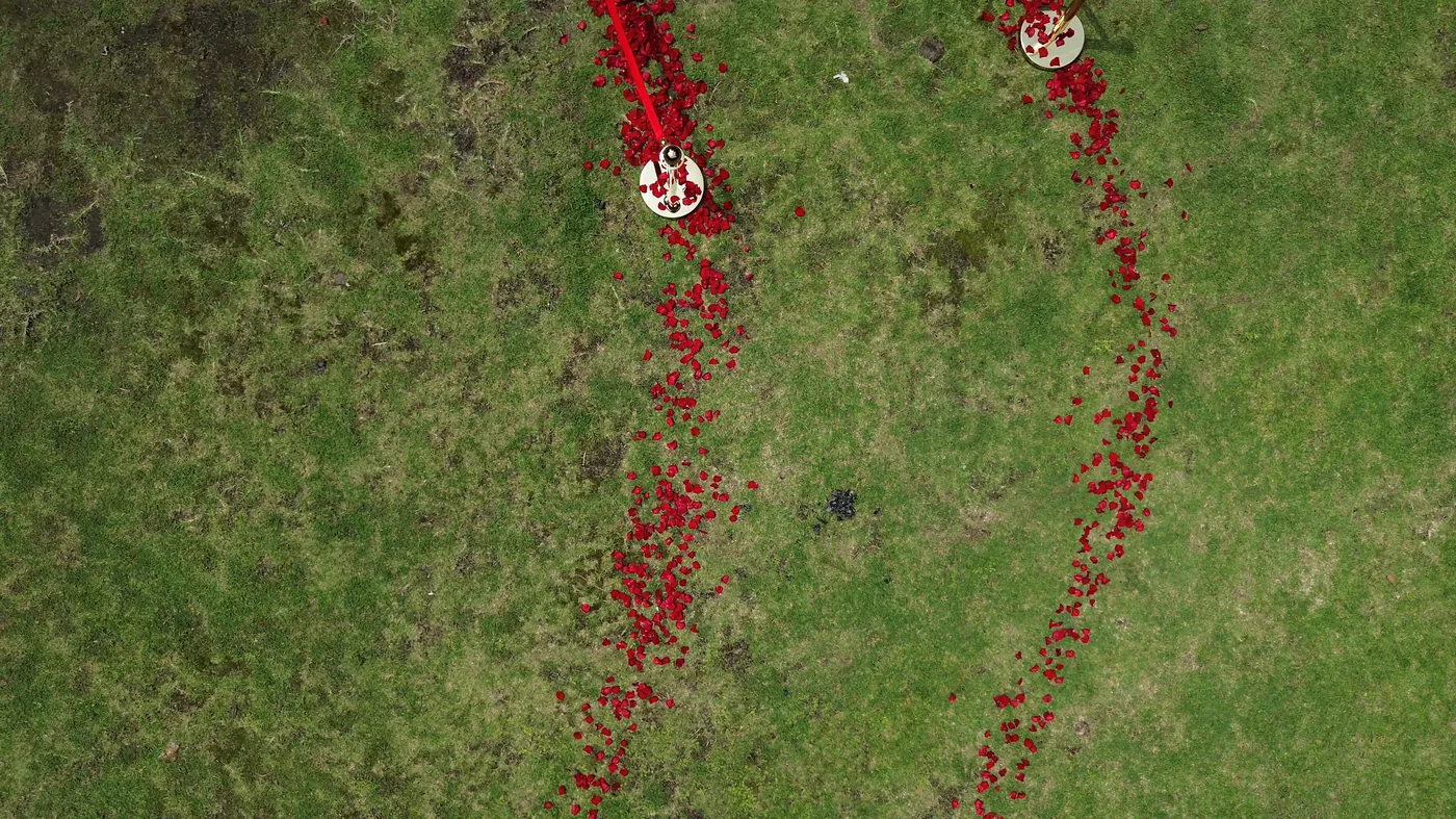 Toma aérea con dron del camino de pétalos de rosa en una pedida de mano