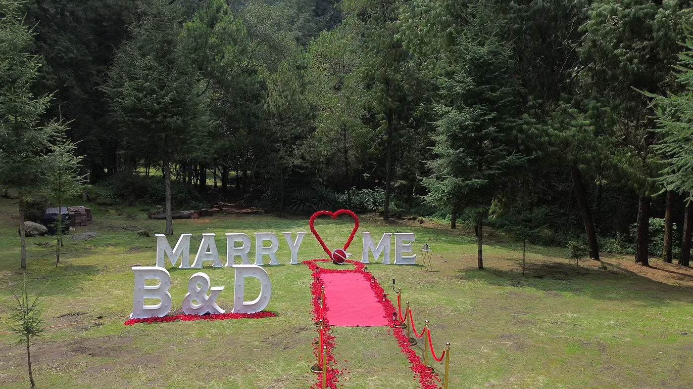 Vista aérea con dron de una pedida de mano en el bosque con letras MARRY ME